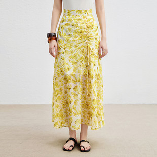 伊华欧秀黄色海边度假碎花半身裙褶皱长裙52WAQ6327 限时直降