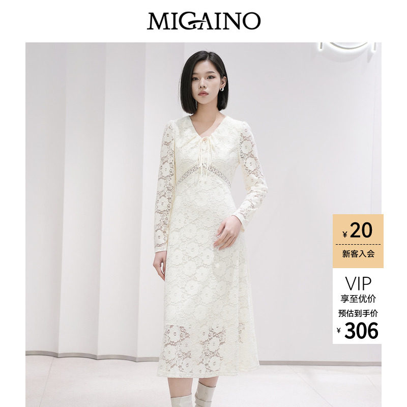 Migaino曼娅奴女装秋季新款法式蕾丝优雅收腰显瘦长袖连衣裙