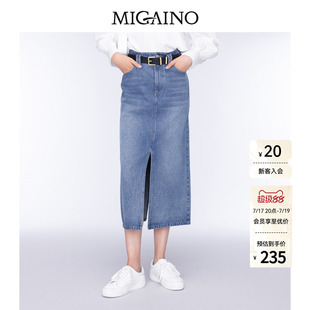 Migaino曼娅奴女装秋季新款高腰开叉设计牛仔半裙MO32EJ003