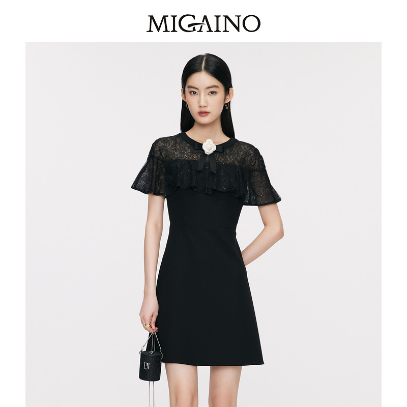 Migaino曼娅奴蕾丝连衣裙女夏季新款法式气质显瘦收腰小黑裙