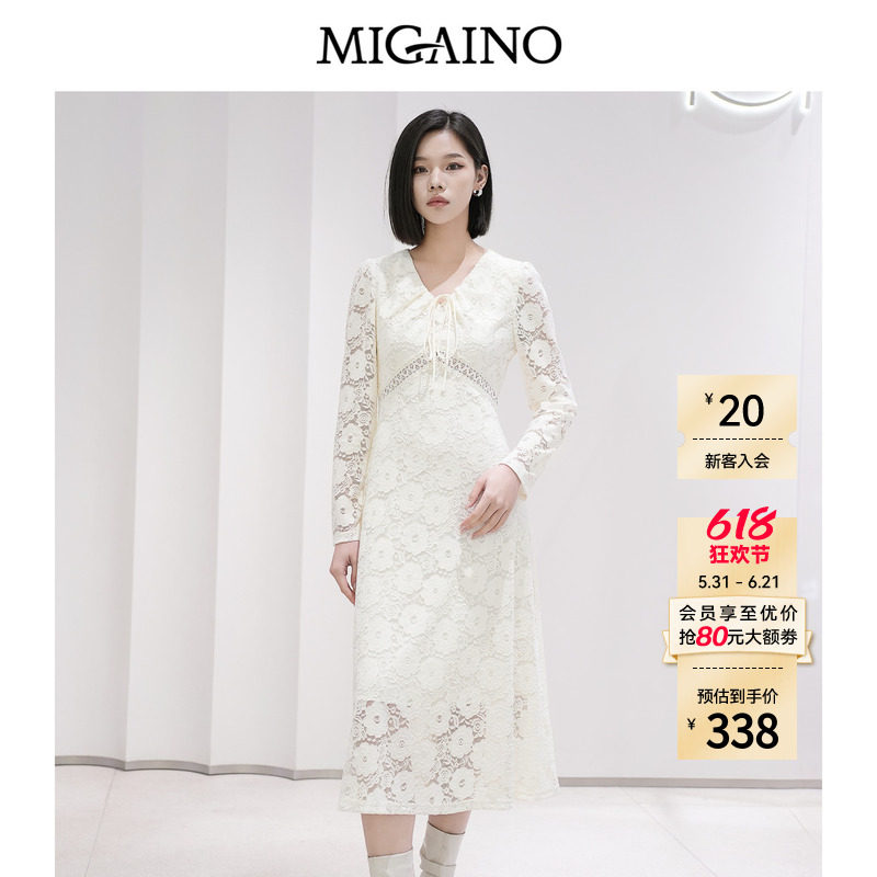 Migaino曼娅奴女装秋季新款法式蕾丝优雅收腰显瘦长袖连衣裙
