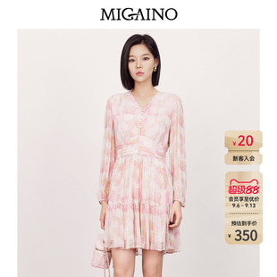 Migaino曼娅奴女装2026春夏新款甜美风长袖印花茶歇裙连衣裙