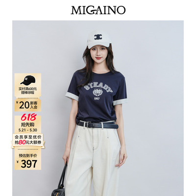Migaino曼娅奴女装2026夏季新款经典版刺绣卷边短袖T恤MQ22RA012