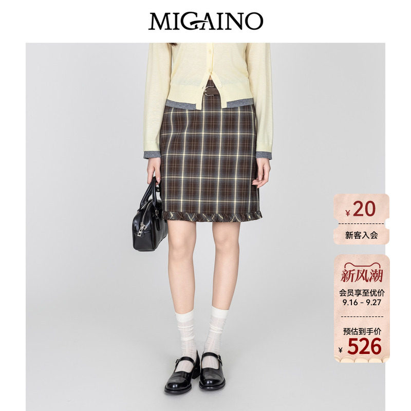 Migaino曼娅奴女装2026秋季新款复古减龄格子直筒半身裙MQ32EA006图片
