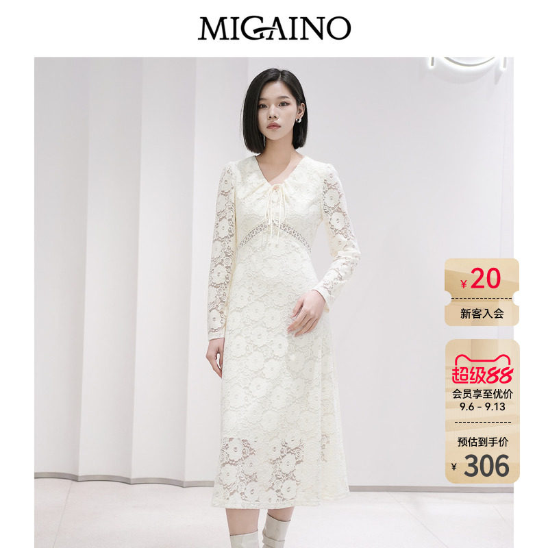 Migaino曼娅奴女装秋季新款法式蕾丝优雅收腰显瘦长袖连衣裙