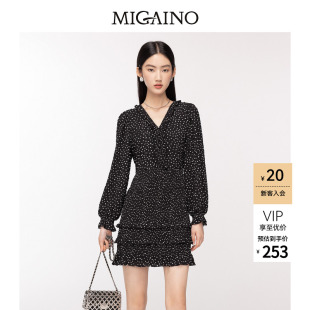 Migaino曼娅奴秋冬法式V领荷叶边设计感印花茶歇裙