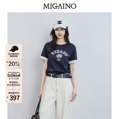 Migaino曼娅奴女装2026夏季新款经典版刺绣卷边短袖T恤MQ22RA012