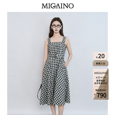 Migaino曼娅奴女装2026夏季新款黑白格收腰复古连衣裙MQ22DD063