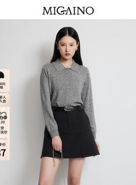 Migaino曼娅奴女装早春新款慵懒风设计感小众灰色针织开衫