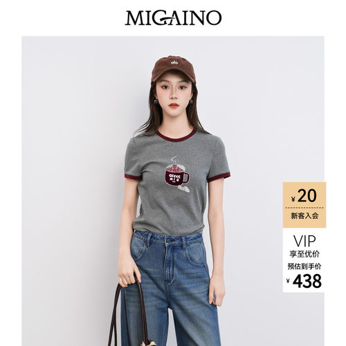Migaino曼娅奴女装2026年夏季新款圆领卡通拼色正肩T恤MQ22RA014