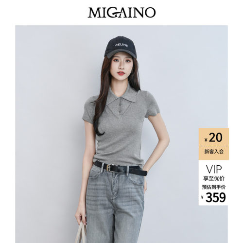 Migaino曼娅奴2026夏季新款假两件T恤灰色短袖针织衫女MQ22KW209