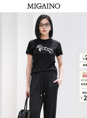 Migaino曼娅奴2026夏季新款高级感休闲上衣正肩短袖黑色纯棉T恤女