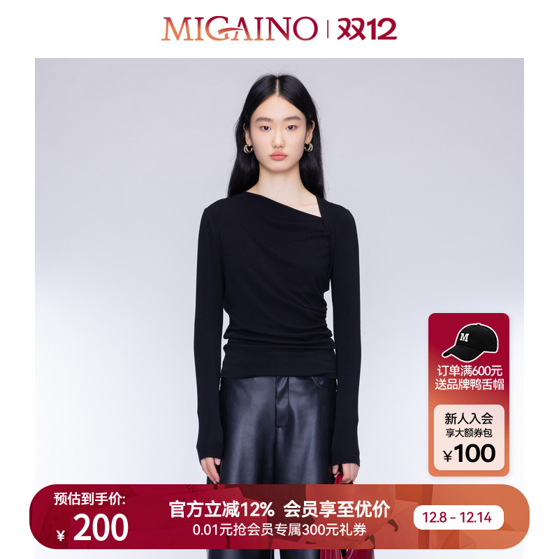 Migaino曼娅奴女装秋季新款修身显瘦黑色长袖上衣女MO32RC017