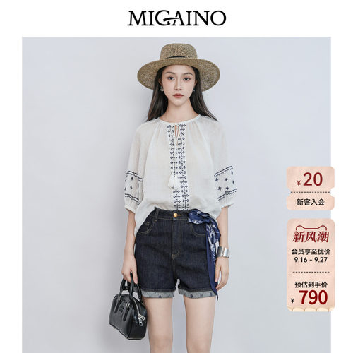 Migaino曼娅奴女装2026年夏季新款复古风刺绣五分袖衬衫MQ22AC021
