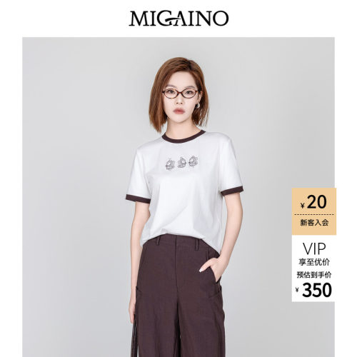 Migaino曼娅奴女装2026年夏季新款圆领正肩卡通刺绣T恤MQ32RA002