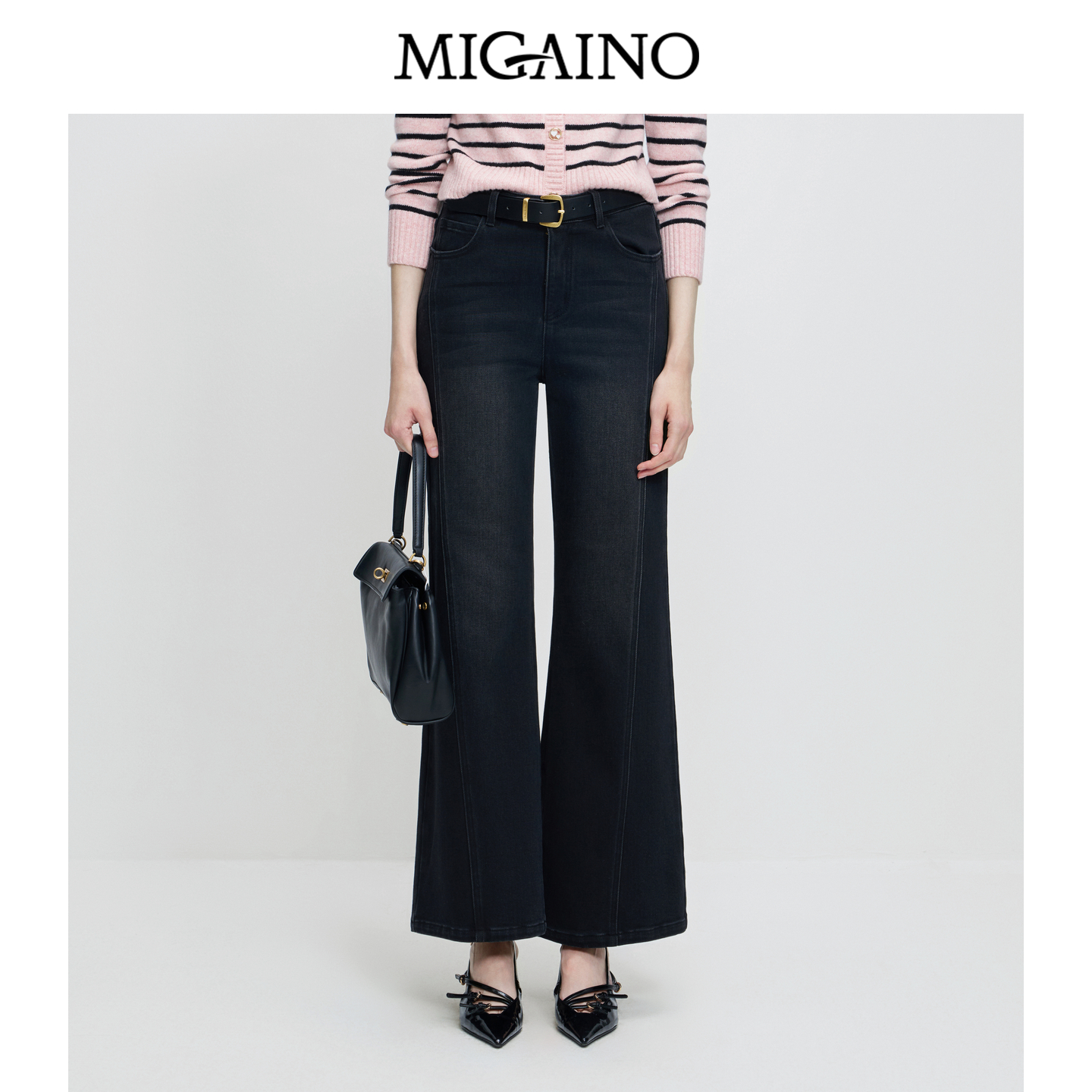 Migaino曼娅奴女装秋冬新款高腰显瘦宽松百搭微喇牛仔裤MP42NC005
