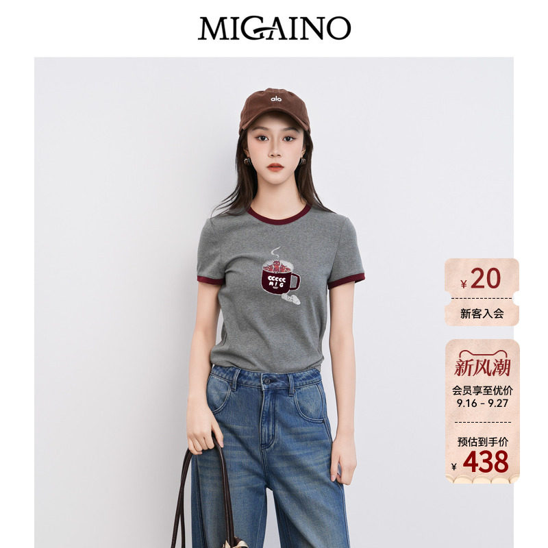 Migaino曼娅奴女装2026年夏季新款圆领卡通拼色正肩T恤MQ22RA014图片