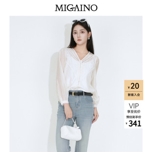 Migaino曼娅奴女装2026秋季新款优雅风薄款甜美蕾丝拼接白色衬衫