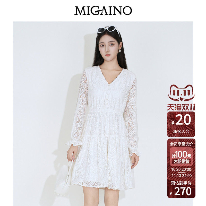 Migaino曼娅奴女装2026年秋季新款高级感优雅蕾丝绣花长袖连衣裙