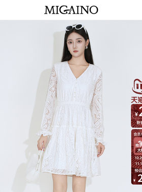 Migaino曼娅奴女装2026年秋季新款高级感优雅蕾丝绣花长袖连衣裙