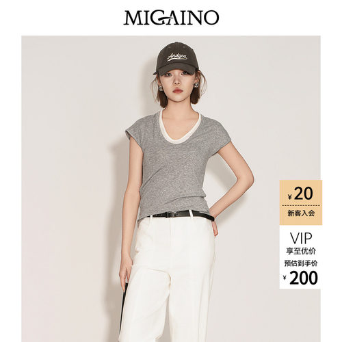 Migaino曼娅奴女装2026夏季新款设计感拼接假两件薄款短袖T恤