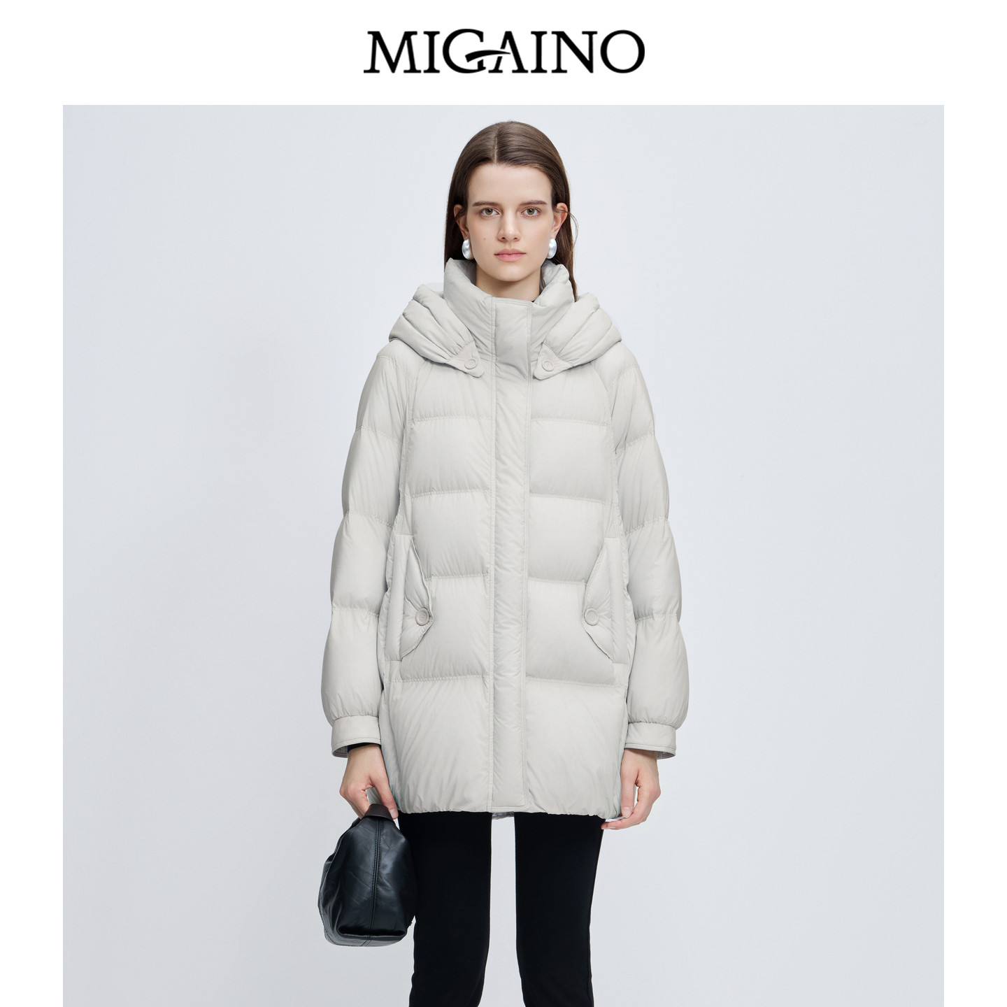 Migaino曼娅奴女装秋冬新款时尚感保暖白鸭绒连帽羽绒服MP42IB020