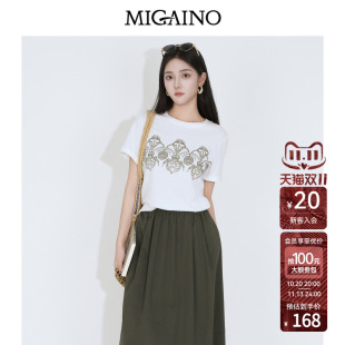 Migaino曼娅奴女装2026年秋季新款复古风个性印花正肩百搭短袖T恤