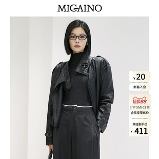 Migaino曼娅奴女装秋冬新款街头风潮酷休闲PU皮保暖棉服外套