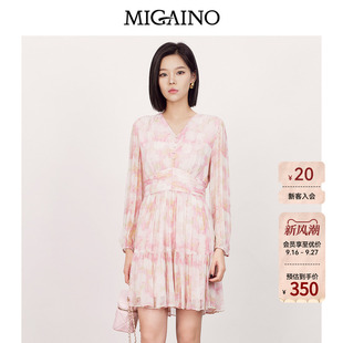 Migaino曼娅奴女装2026春夏新款甜美风长袖印花茶歇裙连衣裙