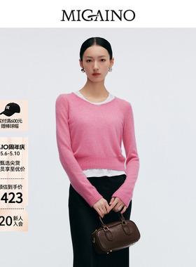 Migaino曼娅奴女装春季新款V领休闲软糯粉色毛衣MP12WH234