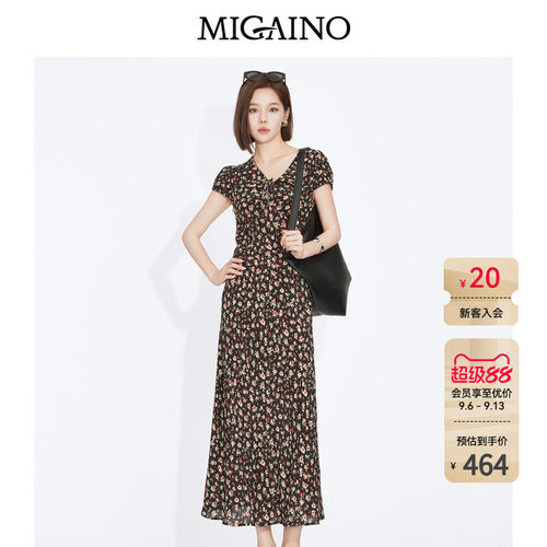 Migaino曼娅奴2026夏季新款V领短袖修身显瘦裙子碎花连衣裙茶歇裙