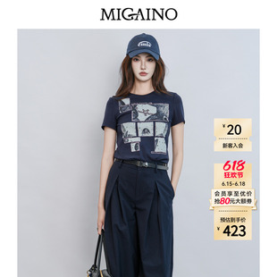 Migaino曼娅奴女装2026夏季新款时尚印花休闲正肩T恤MQ22RA010