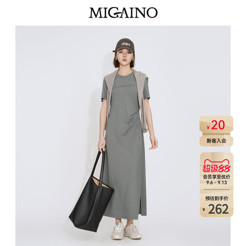 Migaino曼娅奴女装2026夏季新款收腰显瘦减龄休闲T恤开叉连衣裙