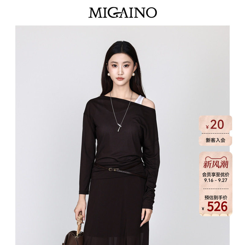 Migaino曼娅奴女装2026秋季新款一字领简约百搭长袖T恤MQ32RA021图片