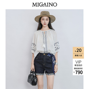 Migaino曼娅奴女装2026年夏季新款复古风刺绣五分袖衬衫MQ22AC021