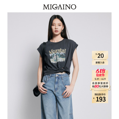 Migaino曼娅奴女装春夏纯棉圆领设计感印花无袖宽松T恤MP22RA042