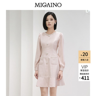 Migaino曼娅奴女装秋冬新款粉色优雅名媛轻奢荷叶边小香风连衣裙