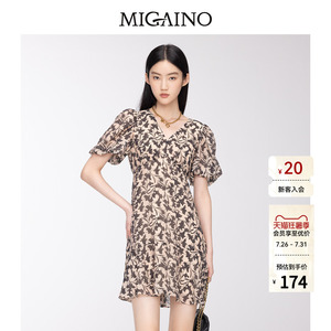 Migaino曼娅奴女装夏季新款小个子V领短袖短款裙子印花连衣裙