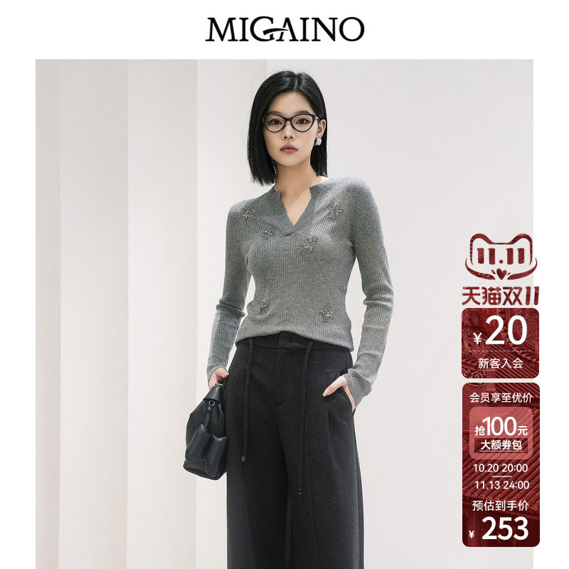 Migaino曼娅奴女装春秋新款气质感V领修身显瘦套头针织衫羊毛上衣
