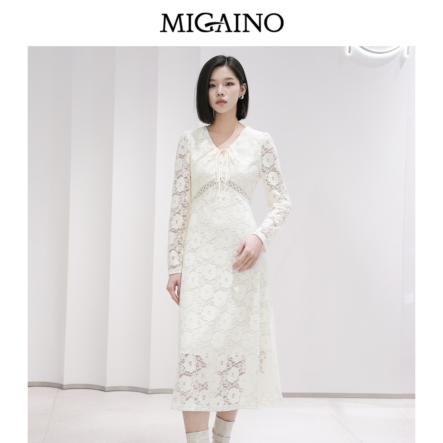 Migaino曼娅奴女装秋季新款法式蕾丝优雅收腰显瘦长袖连衣裙