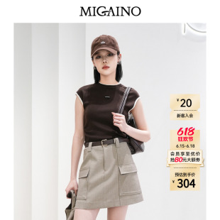 Migaino曼娅奴女装春季新款休闲风圆领拼接套头针织衫MQ12KW245
