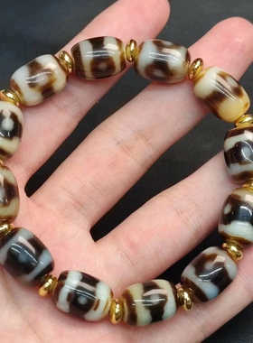 虎牙图案熊猫坛城三眼玛瑙天珠多宝手链牙黄白芯桶珠男女民族风多