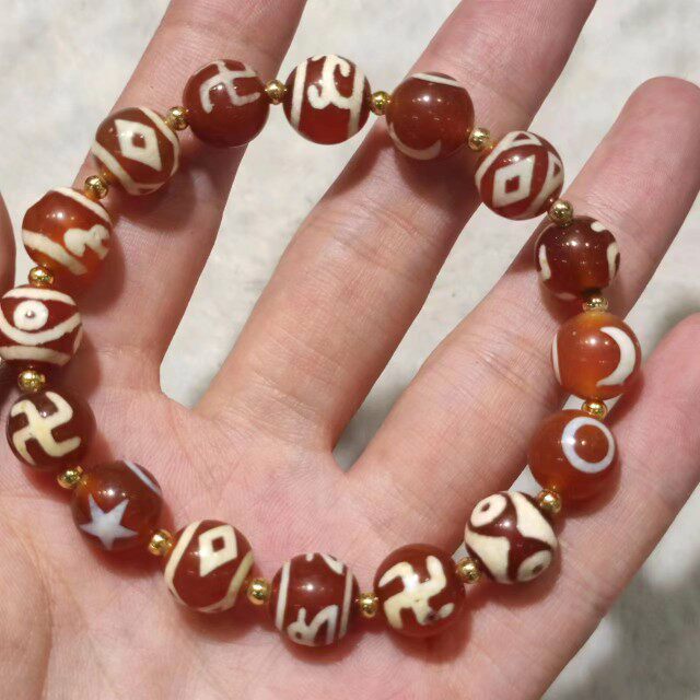 金刚坛城三眼龟甲贵字水纹虎牙图案万字绿度母玛瑙天珠圆珠多宝手