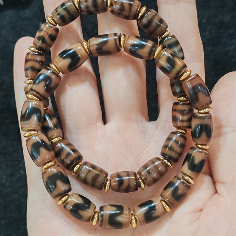 天原藏式古传统万字天地三眼水纹龟甲虎牙图案天珠手链男女款diy