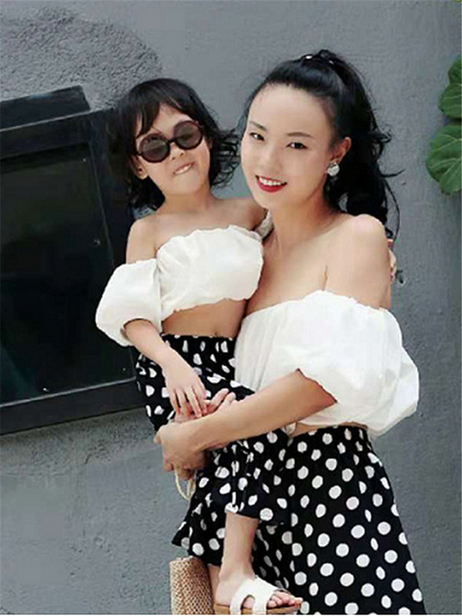 친자 모녀복 한식 여아복 오프숄더 탑과 도트 나인포인트 팬츠 여름옷 신대외 무역 아동복
