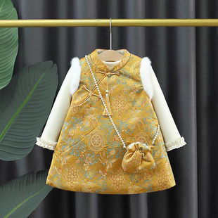 女童连衣裙秋冬款2026新款儿童中国风汉服裙新中式黄色拜年服裙子