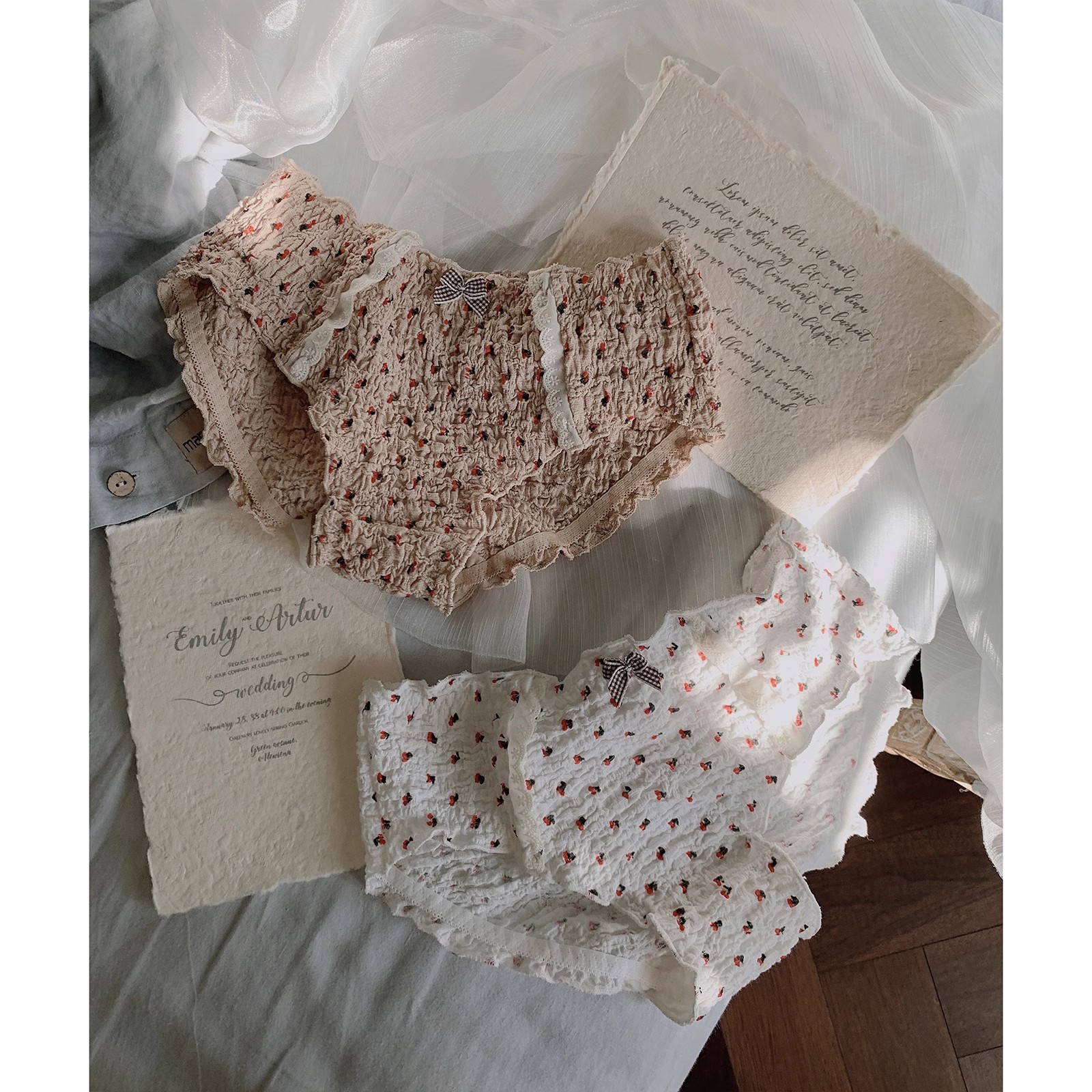 桃蜜糖泡泡褶皱碎花三角内裤