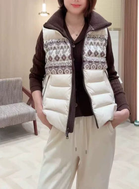 YY2026秋冬新款民族风羽绒马甲撞色拼接立领无袖气质羽绒外套女