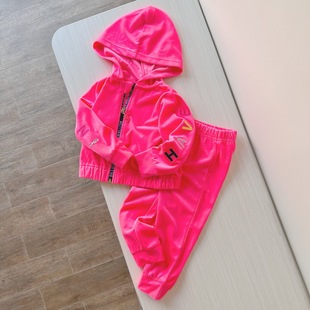 2-6岁 出口美国童装春秋天鹅绒外套长裤两件套 女小童套装 荧光粉