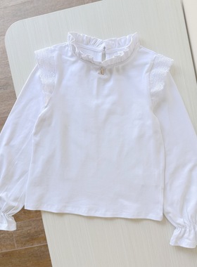 6-14岁 出口俄罗斯童装春秋棉弹半高领白色长袖T恤 宫廷风灯笼袖